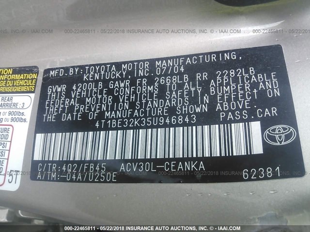 4T1BE32K35U946843 - 2005 TOYOTA CAMRY LE/XLE/SE თაფლისფერი ფოტო 9