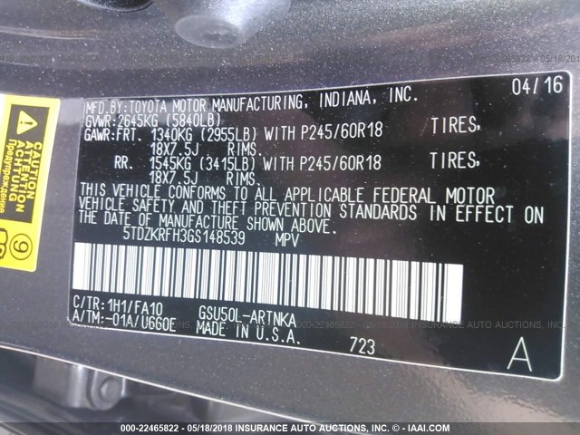 5TDZKRFH3GS148539 - 2016 TOYOTA HIGHLANDER LE/LE PLUS GRAY photo 9