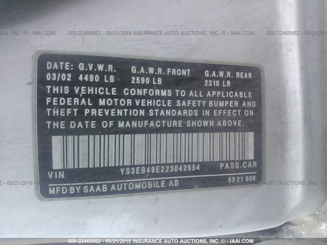 YS3EB49E223042654 - 2002 SAAB 9-5 LINEAR SILVER photo 9