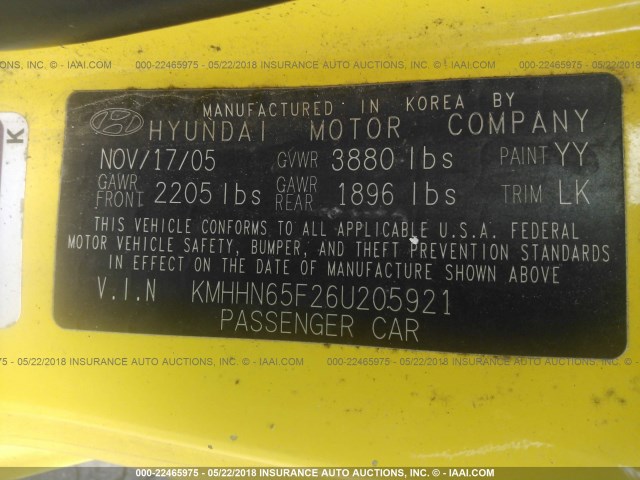 KMHHN65F26U205921 - 2006 HYUNDAI TIBURON GT/SE/GT LIMITED YELLOW photo 9