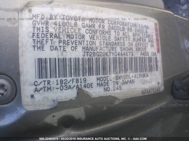 JT2BG22K7Y0444673 - 2000 TOYOTA CAMRY CE/LE/XLE GRAY photo 9