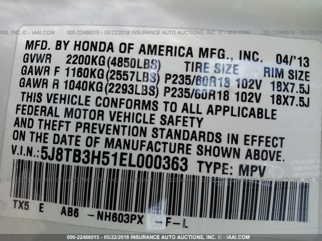 5J8TB3H51EL000363 - 2014 ACURA RDX TECHNOLOGY WHITE photo 9