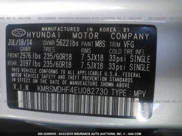 KM8SMDHF4EU082730 - 2014 HYUNDAI SANTA FE GLS/LIMITED SILVER photo 9