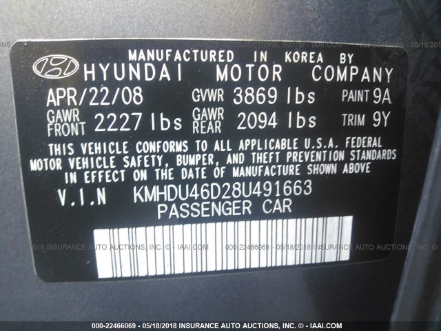 KMHDU46D28U491663 - 2008 HYUNDAI ELANTRA GLS/SE/LIMITED GRAY photo 9