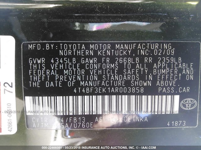 4T4BF3EK1AR003858 - 2010 TOYOTA CAMRY SE/LE/XLE მწვანე ფოტო 9