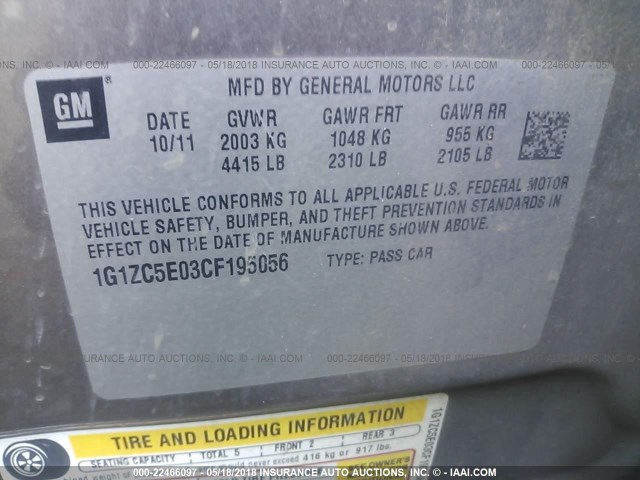 1G1ZC5E03CF195056 - 2012 CHEVROLET MALIBU 1LT 灰色 照片 9