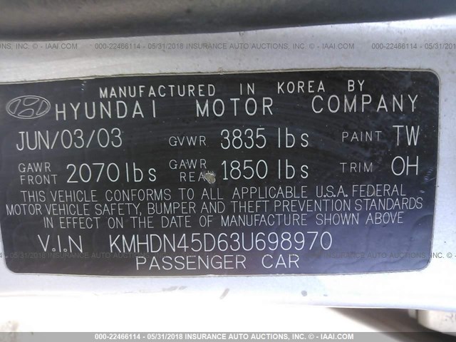 KMHDN45D63U698970 - 2003 HYUNDAI ELANTRA GLS/GT SILVER photo 9