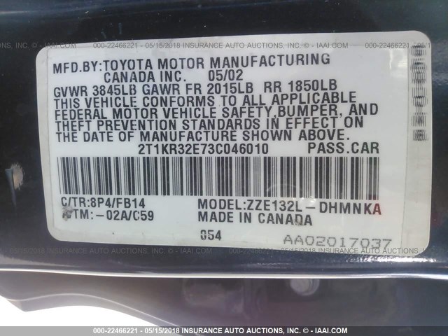 2T1KR32E73C046010 - 2003 TOYOTA COROLLA MATRIX XR BLUE photo 9