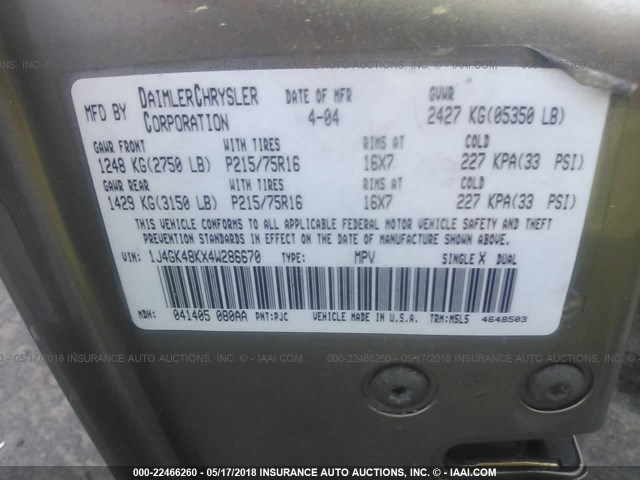 1J4GK48KX4W286670 - 2004 JEEP LIBERTY SPORT 米色 照片 9