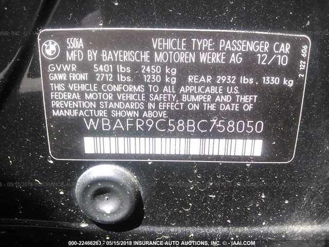 WBAFR9C58BC758050 - 2011 BMW 550 I BLACK photo 9