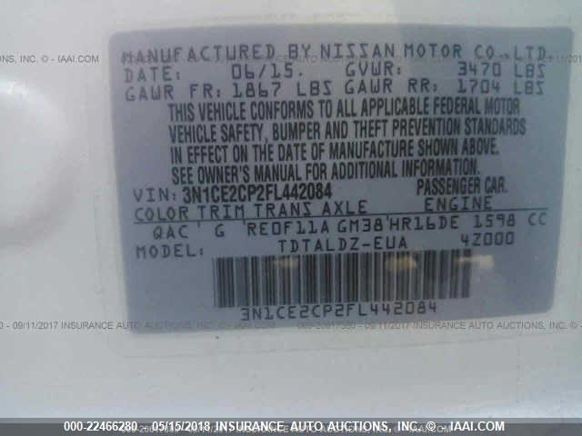 3N1CE2CP2FL442084 - 2015 NISSAN VERSA NOTE S/S PLUS/SV/SL/SR Unknown photo 9