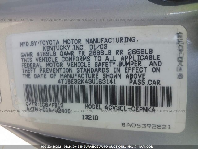 4T1BE32K43U163141 - 2003 TOYOTA CAMRY LE/XLE/SE ვერცხლისფერი ფოტო 9