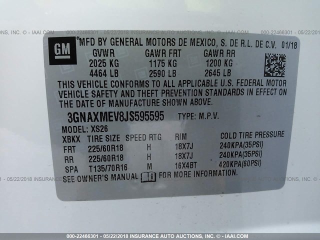 3GNAXMEV8JS595595 - 2018 CHEVROLET EQUINOX PREMIER WHITE photo 9