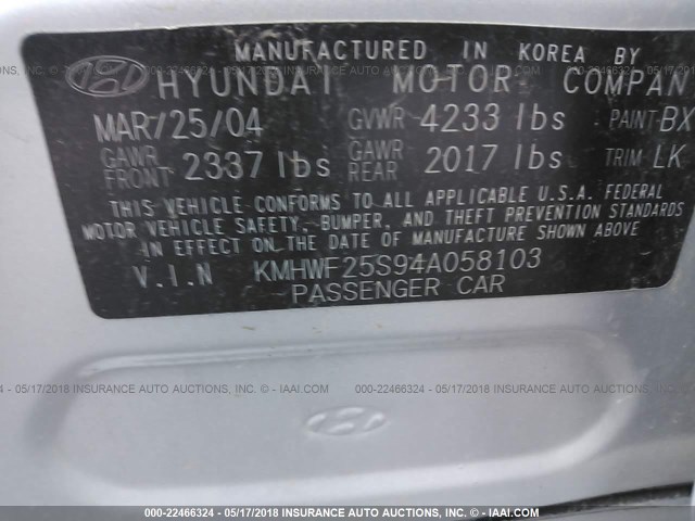 KMHWF25S94A058103 - 2004 HYUNDAI SONATA GL SILVER photo 9