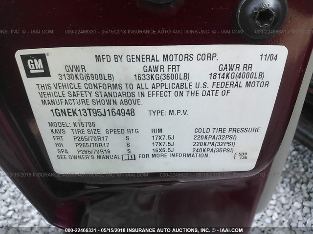 1GNEK13T95J164948 - 2005 CHEVROLET TAHOE K1500 MAROON photo 9