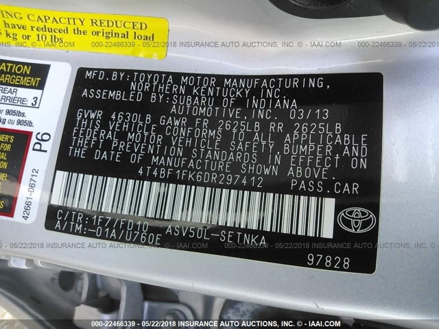 4T4BF1FK6DR297412 - 2013 TOYOTA CAMRY L/SE/LE/XLE SILVER photo 9
