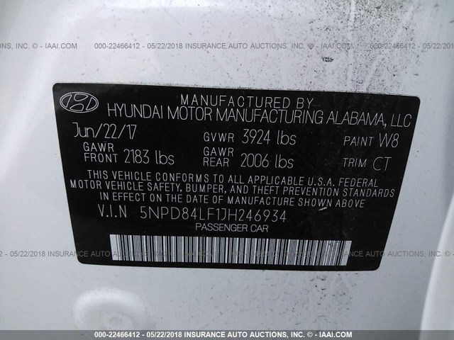 5NPD84LF1JH246934 - 2018 HYUNDAI ELANTRA SEL/VALUE/LIMITED WHITE photo 9