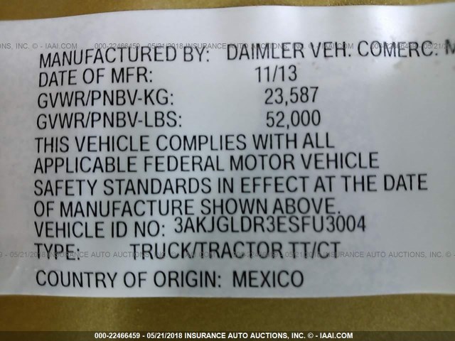 3AKJGLDR3ESFU3004 - 2014 FREIGHTLINER CASCADIA 125  GOLD photo 10