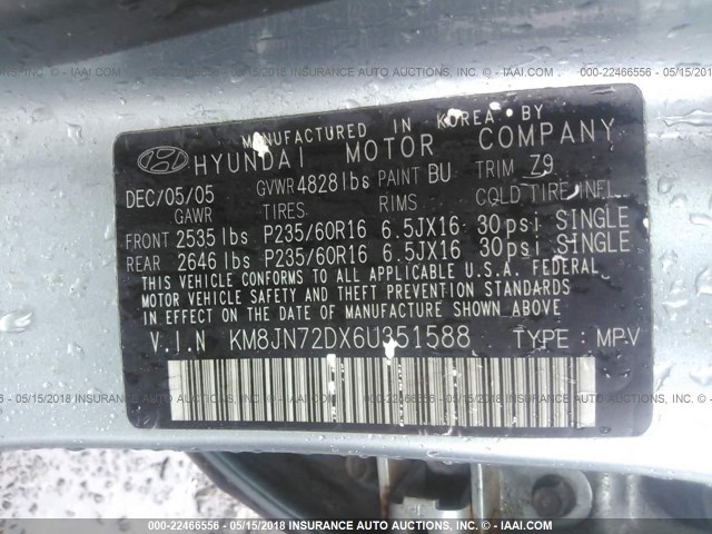 KM8JN72DX6U351588 - 2006 HYUNDAI TUCSON GLS/LIMITED GREEN photo 9