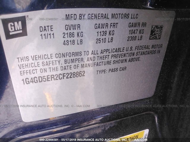 1G4GD5ER2CF228862 - 2012 BUICK LACROSSE PREMIUM BLUE photo 9