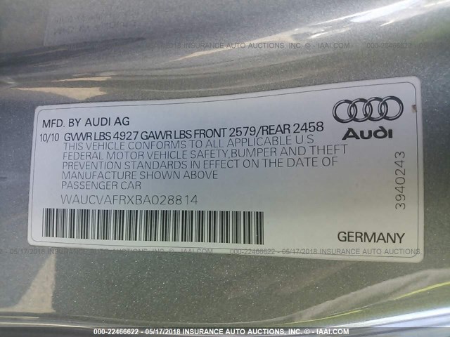 WAUCVAFRXBA028814 - 2011 AUDI S5 PREMIUM PLUS 灰色 照片 9
