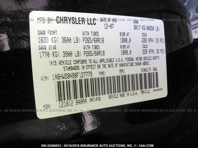 1A8HW58N98F127779 - 2008 CHRYSLER ASPEN LIMITED BLACK photo 9