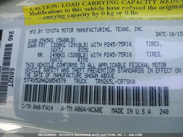 5TFRX5GN4GX054579 - 2016 TOYOTA TACOMA ACCESS CAB/SR/SR5 WHITE photo 9