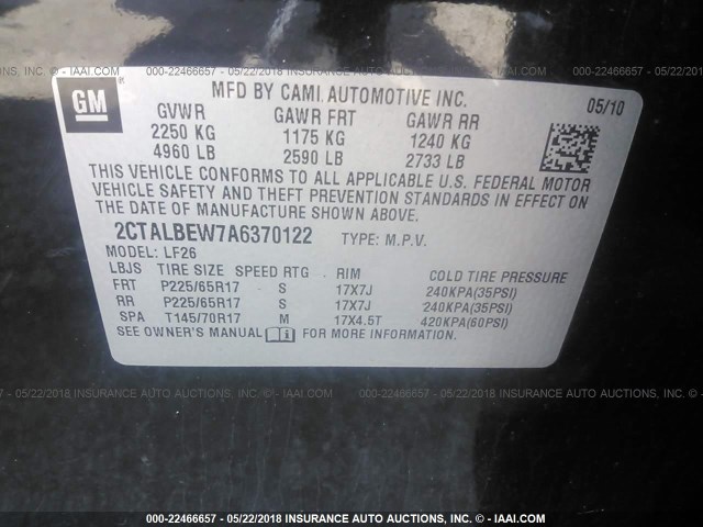 2CTALBEW7A6370122 - 2010 GMC TERRAIN SLE BLACK photo 9