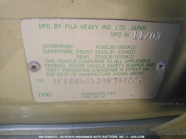 JF1SG65634H748002 - 2004 SUBARU FORESTER 2.5XS ოქროსფერი ფოტო 9