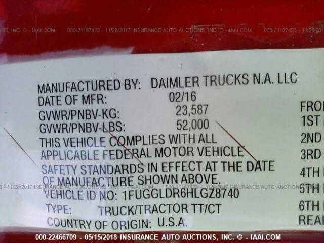 1FUGGLDR6HLGZ8740 - 2017 FREIGHTLINER CASCADIA 125  RED photo 10