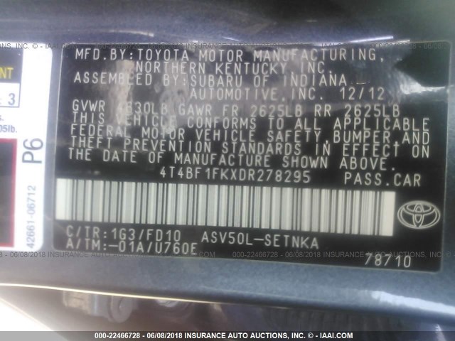 4T4BF1FKXDR278295 - 2013 TOYOTA CAMRY L/SE/LE/XLE GRAY photo 9