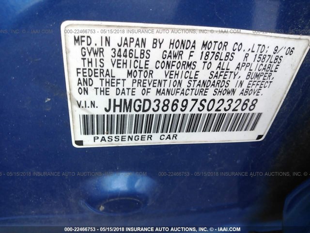 JHMGD38697S023268 - 2007 HONDA FIT S BLUE photo 9