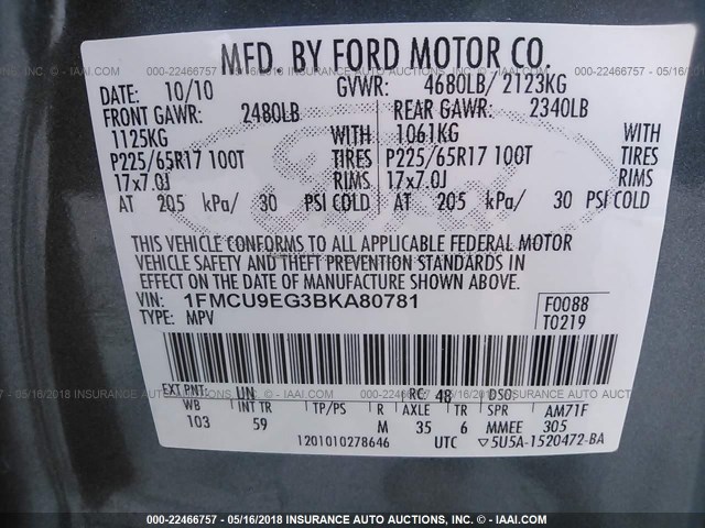 1FMCU9EG3BKA80781 - 2011 FORD ESCAPE LIMITED BLUE photo 9