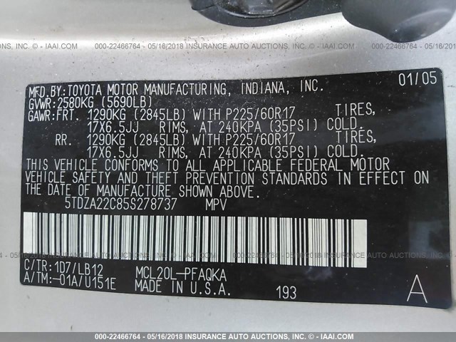 5TDZA22C85S278737 - 2005 TOYOTA SIENNA XLE/XLE LIMITED SILVER photo 9