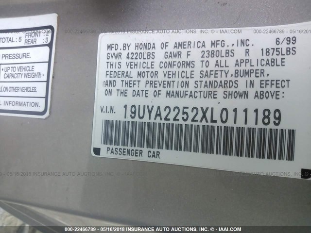 19UYA2252XL011189 - 1999 ACURA 3.0CL Beige foto 9