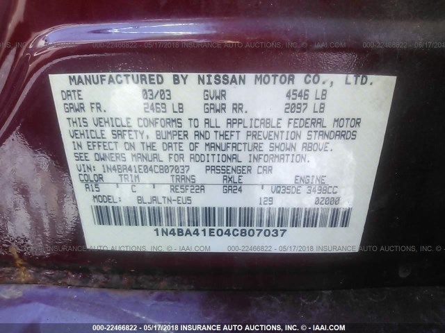 1N4BA41E04C807037 - 2004 NISSAN MAXIMA SE/SL RED photo 9