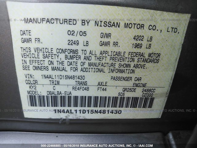 1N4AL11D15N481430 - 2005 NISSAN ALTIMA S/SL GRAY photo 9