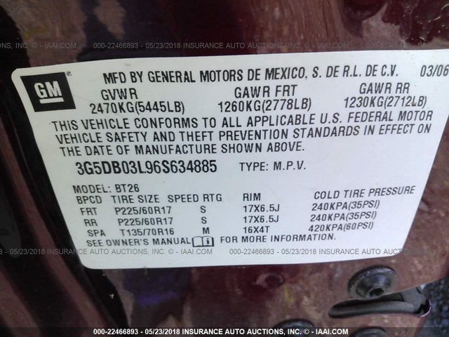 3G5DB03L96S634885 - 2006 BUICK RENDEZVOUS CX/CXL MAROON photo 9