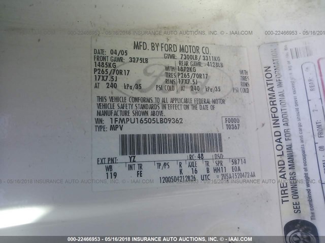 1FMPU16505LB09362 - 2005 FORD EXPEDITION XLT თეთრი ფოტო 9