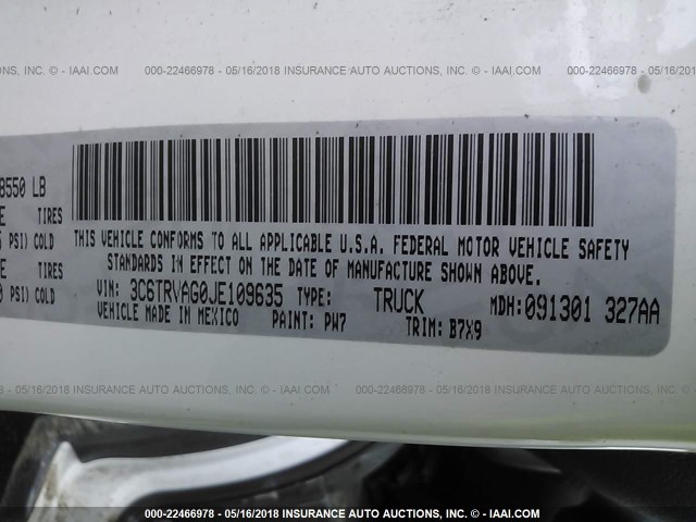 3C6TRVAG0JE109635 - 2018 RAM PROMASTER 1500 1500 STANDARD თეთრი ფოტო 9