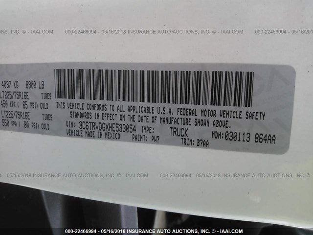 3C6TRVDGXHE533054 - 2017 RAM PROMASTER 2500 2500 HIGH WHITE photo 9