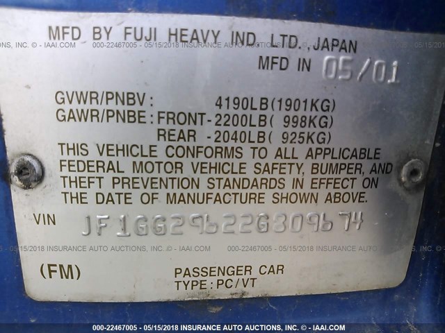 JF1GG29622G809674 - 2002 SUBARU IMPREZA WRX BLUE photo 9