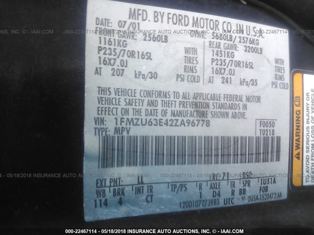 1FMZU63E42ZA96778 - 2002 FORD EXPLORER XLT BLUE photo 9