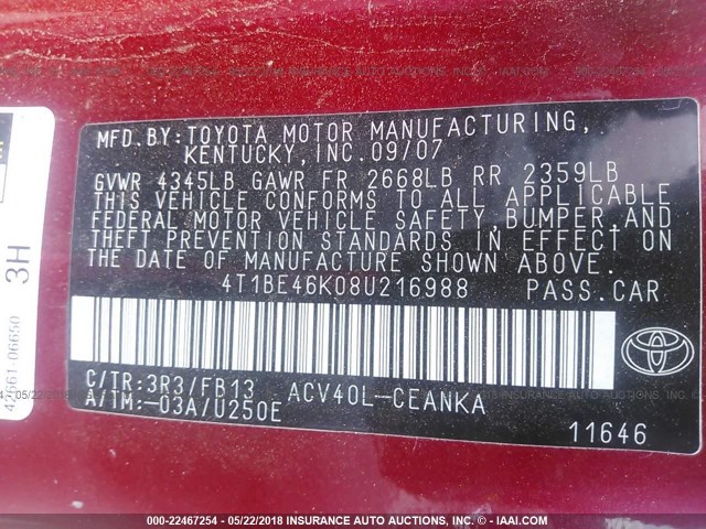 4T1BE46K08U216988 - 2008 TOYOTA CAMRY CE/LE/XLE/SE RED photo 9