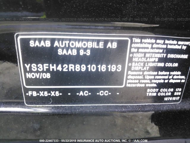 YS3FH42R891016193 - 2009 SAAB 9-3 AERO GREEN photo 9