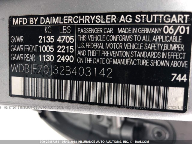 WDBJF70J32B403142 - 2002 MERCEDES-BENZ E 430 SILVER photo 9