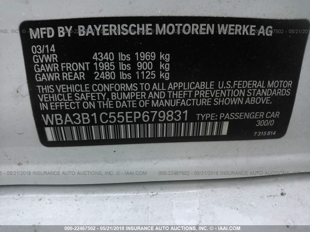 WBA3B1C55EP679831 - 2014 BMW 320 I WHITE photo 9
