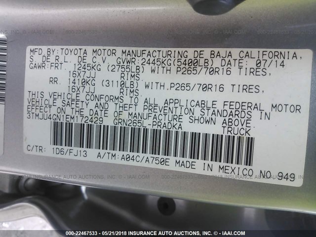 3TMJU4GN1EM172429 - 2014 TOYOTA TACOMA DOUBLE CAB PRERUNNER SILVER photo 9