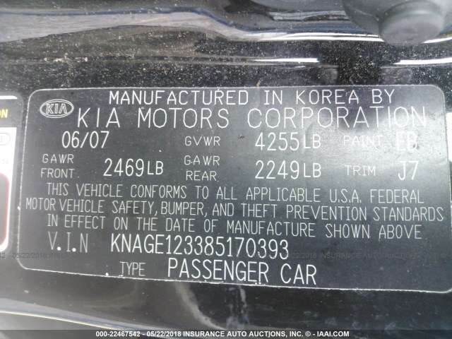 KNAGE123385170393 - 2008 KIA OPTIMA LX/EX BLACK photo 9