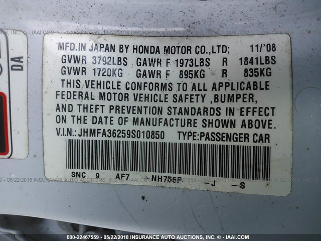 JHMFA36259S010850 - 2009 HONDA CIVIC HYBRID WHITE photo 9